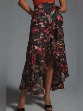 NWOT Anthropologie Black Floral Ruffled Wrap Skirt Medium